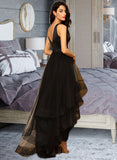 Hanna Ball-Gown/Princess V-neck Asymmetrical Tulle Bridesmaid Dress With Beading STKP0013077