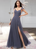 Taniya A-Line V-neck Floor-Length Chiffon Bridesmaid Dress With Split Front STKP0013086