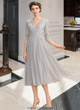 Toni A-Line V-neck Tea-Length Chiffon Lace Bridesmaid Dress With Pleated STKP0013088