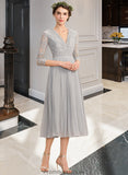 Toni A-Line V-neck Tea-Length Chiffon Lace Bridesmaid Dress With Pleated STKP0013088