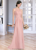 Julie A-Line Scoop Neck Floor-Length Chiffon Lace Bridesmaid Dress With Ruffle Split Front STKP0013089