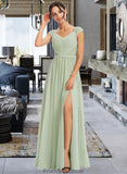 Brooklyn A-Line V-neck Floor-Length Bridesmaid Dress With Lace Split Front STKP0013096