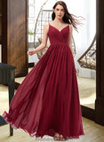 Millicent A-Line V-neck Floor-Length Chiffon Bridesmaid Dress With Ruffle Lace STKP0013098