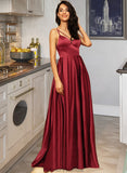 Anika A-Line V-neck Floor-Length Satin Bridesmaid Dress With Split Front Pockets STKP0013100