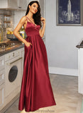 Anika A-Line V-neck Floor-Length Satin Bridesmaid Dress With Split Front Pockets STKP0013100