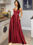 Anika A-Line V-neck Floor-Length Satin Bridesmaid Dress With Split Front Pockets STKP0013100