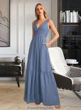 Magdalena A-Line V-neck Floor-Length Bridesmaid Dress With Pockets STKP0013108