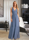 Magdalena A-Line V-neck Floor-Length Bridesmaid Dress With Pockets STKP0013108