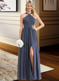 Lexi A-Line V-neck Floor-Length Chiffon Bridesmaid Dress With Ruffle Split Front STKP0013112