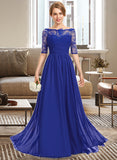 Iris A-line Off the Shoulder Floor-Length Chiffon Lace Bridesmaid Dress With Ruffle STKP0013113