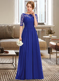 Iris A-line Off the Shoulder Floor-Length Chiffon Lace Bridesmaid Dress With Ruffle STKP0013113