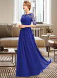 Iris A-line Off the Shoulder Floor-Length Chiffon Lace Bridesmaid Dress With Ruffle STKP0013113