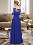 Iris A-line Off the Shoulder Floor-Length Chiffon Lace Bridesmaid Dress With Ruffle STKP0013113