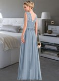 Nayeli A-Line Scoop Neck Floor-Length Chiffon Lace Bridesmaid Dress With Split Front STKP0013114