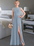 Nayeli A-Line Scoop Neck Floor-Length Chiffon Lace Bridesmaid Dress With Split Front STKP0013114