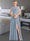 Nayeli A-Line Scoop Neck Floor-Length Chiffon Lace Bridesmaid Dress With Split Front STKP0013114