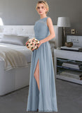 Nayeli A-Line Scoop Neck Floor-Length Chiffon Lace Bridesmaid Dress With Split Front STKP0013114