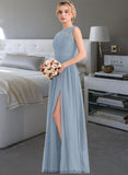 Nayeli A-Line Scoop Neck Floor-Length Chiffon Lace Bridesmaid Dress With Split Front STKP0013114