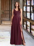 Taylor A-Line V-neck Floor-Length Bridesmaid Dress With Lace STKP0013117