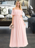 Jan A-Line Off-the-Shoulder Floor-Length Chiffon Bridesmaid Dress With Bow(s) Cascading Ruffles STKP0013121