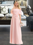 Jan A-Line Off-the-Shoulder Floor-Length Chiffon Bridesmaid Dress With Bow(s) Cascading Ruffles STKP0013121