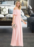 Jan A-Line Off-the-Shoulder Floor-Length Chiffon Bridesmaid Dress With Bow(s) Cascading Ruffles STKP0013121