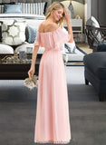 Jan A-Line Off-the-Shoulder Floor-Length Chiffon Bridesmaid Dress With Bow(s) Cascading Ruffles STKP0013121