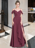 Bianca A-Line V-neck Floor-Length Chiffon Bridesmaid Dress With Bow(s) Split Front Cascading Ruffles STKP0013123