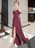 Bianca A-Line V-neck Floor-Length Chiffon Bridesmaid Dress With Bow(s) Split Front Cascading Ruffles STKP0013123