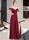 Bianca A-Line V-neck Floor-Length Chiffon Bridesmaid Dress With Bow(s) Split Front Cascading Ruffles STKP0013123