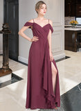 Bianca A-Line V-neck Floor-Length Chiffon Bridesmaid Dress With Bow(s) Split Front Cascading Ruffles STKP0013123