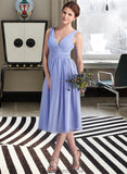 Clare A-Line V-neck Tea-Length Chiffon Bridesmaid Dress With Ruffle STKP0013125