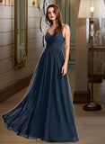 Mila A-Line V-neck Floor-Length Bridesmaid Dress With Lace STKP0013127