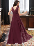 Gracie A-Line V-neck Floor-Length Chiffon Bridesmaid Dress With Ruffle Lace STKP0013129