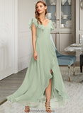 Danica A-Line V-neck Asymmetrical Chiffon Bridesmaid Dress With Cascading Ruffles STKP0013130