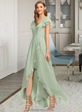 Danica A-Line V-neck Asymmetrical Chiffon Bridesmaid Dress With Cascading Ruffles STKP0013130