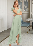 Danica A-Line V-neck Asymmetrical Chiffon Bridesmaid Dress With Cascading Ruffles STKP0013130