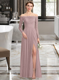 Virginia A-Line Off-the-Shoulder Floor-Length Chiffon Lace Bridesmaid Dress With Split Front STKP0013131