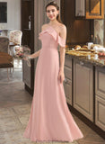 Cora A-Line V-neck Floor-Length Chiffon Bridesmaid Dress With Bow(s) Cascading Ruffles STKP0013134