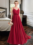 Lily A-Line V-neck Floor-Length Chiffon Bridesmaid Dress With Bow(s) STKP0013135