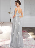 Jimena A-Line V-neck Floor-Length Bridesmaid Dress With Lace STKP0013140