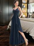 Leanna A-Line V-neck Floor-Length Bridesmaid Dress With Split Front Pockets STKP0013142