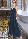 Jocelyn A-Line V-neck Asymmetrical Bridesmaid Dress With Lace Bow(s) STKP0013143