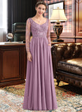 Giuliana A-Line V-neck Floor-Length Chiffon Lace Bridesmaid Dress With Beading Pockets STKP0013147