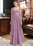 Giuliana A-Line V-neck Floor-Length Chiffon Lace Bridesmaid Dress With Beading Pockets STKP0013147