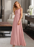 Yesenia A-Line V-neck Floor-Length Bridesmaid Dress With Ruffle Bow(s) STKP0013148