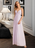 Alia A-Line V-neck Floor-Length Bridesmaid Dress With Ruffle STKP0013154