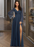 Trudie A-Line V-neck Floor-Length Bridesmaid Dress With Split Front STKP0013158