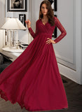 Fatima A-Line V-neck Floor-Length Chiffon Bridesmaid Dress With Lace STKP0013160