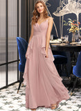 Dayami A-Line V-neck Floor-Length Chiffon Bridesmaid Dress With Ruffle Cascading Ruffles STKP0013161